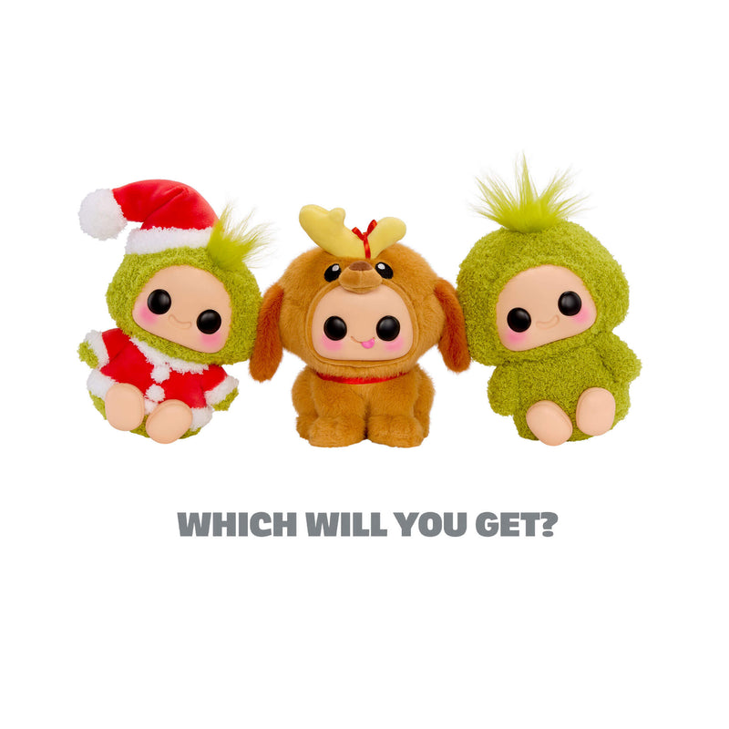 Three-character plush toys: Grinch Santa on the left, Max the Dog in the center and Grinch on the right, on a white background. With text below ‘WHICH WILL YOU GET?’