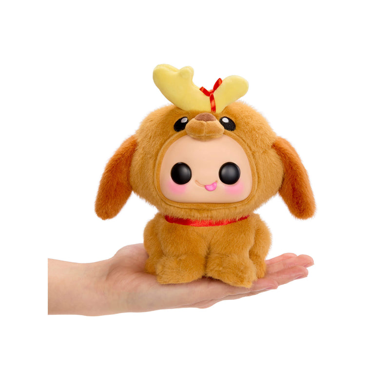 Max, with big black eyes, tongue hanging out, in a reindeer outfit, being held in the palm of a hand, on a white background