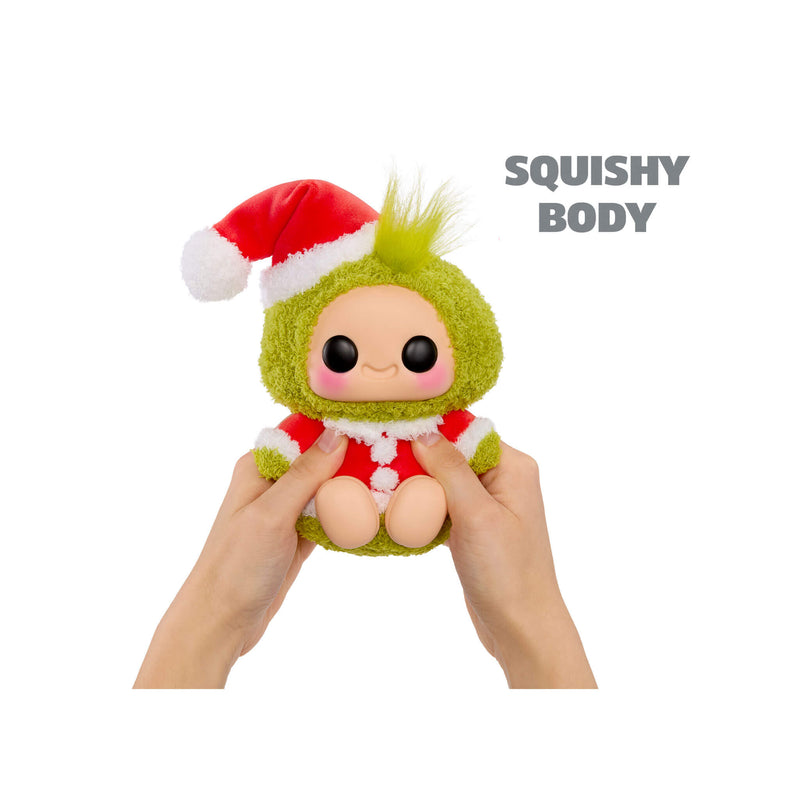 Hands-holding and squishy Santa Grinch, featuring a cute cartoon face, with text in upper right ‘ SQUISHY BODY’ shown against a plain white background.