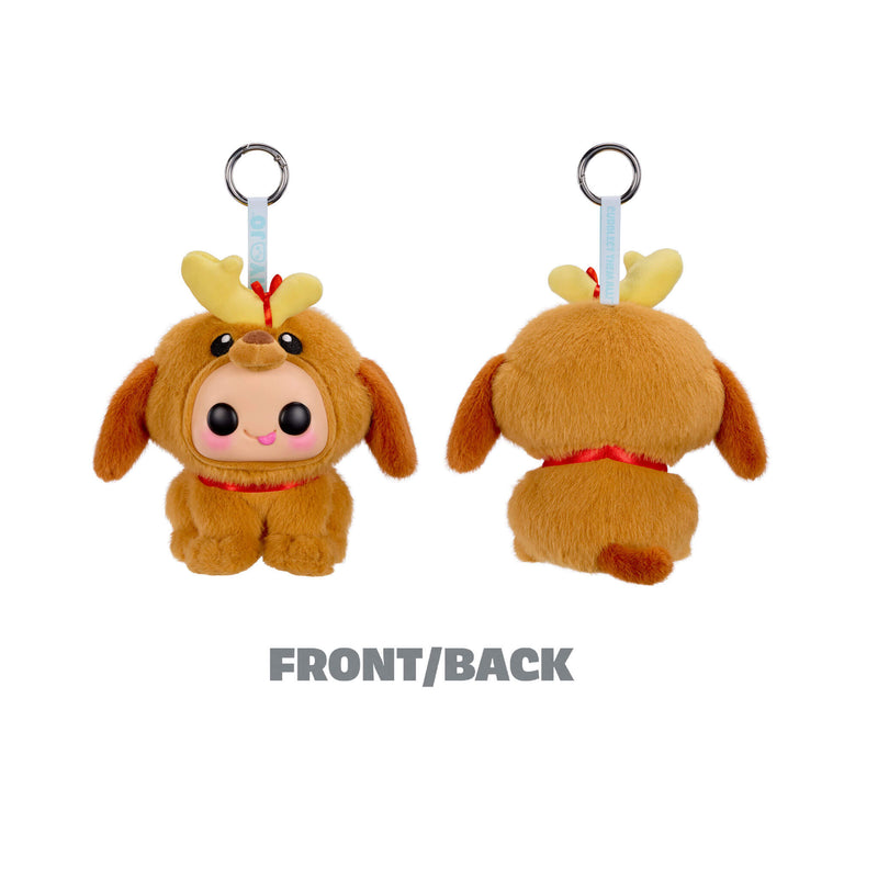 Two Max the dog plush shown side by side in a reindeer costume on a white background, one displaying the front with a cute character face and the other showing the back. Text on the bottom ‘FRONT/BACK’