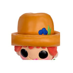 Close up of brown hat with blue circles and green stems on a white background.