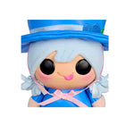 Close-up of character face sticking out their tongue, with big black eyes, blue hair, pink ribbon on a white background