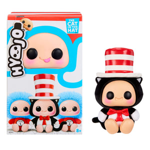 Cat in the Hat with a red and white striped hat and red bow tie sitting on the right -Packaging box on the left