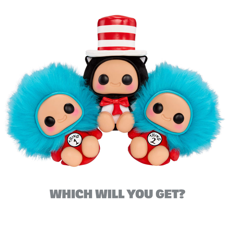 Three Cat in the Hat Characters-Thing 1 is on the left, Cat in the hat is in the middle and Thing 2 is on the right with text at the bottom ‘WHICH ONE WILL YOU GET?’ on a white background