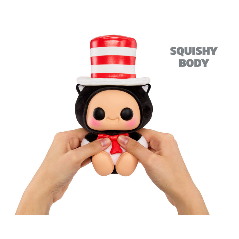 Two hands squishing the Cat in the hat with text in right hand coroner 'SQUISHY BODY'