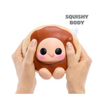 Cute animal-shaped squishy toy held by hands with 'Squishy Body' text above.