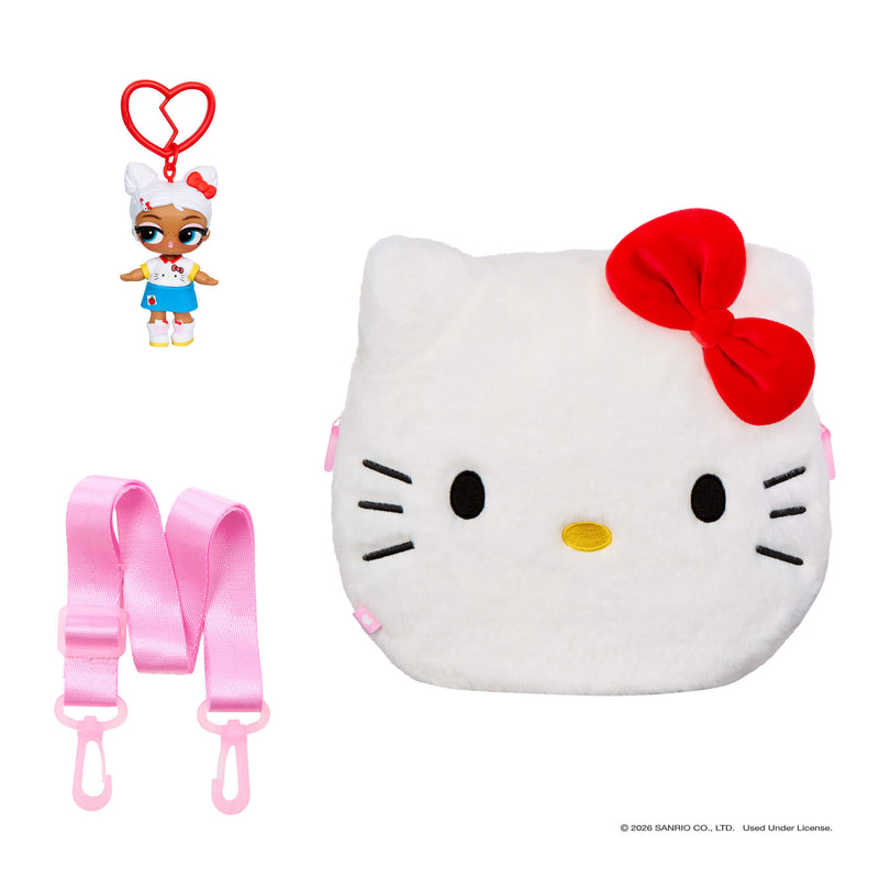 White bag with red bow, pink strap and keychain on a white background