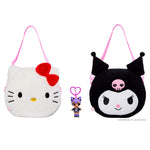 One Hello Kitty bag, one Kuromi on reverse side, with keychain on a white background