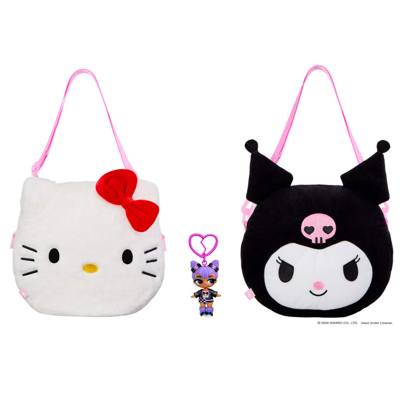 One Hello Kitty bag, one Kuromi on reverse side, with keychain on a white background