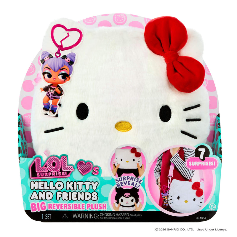 White Hello Kitty and Friends Plush in packaging with picture of Kuromi tot key chain on a white background