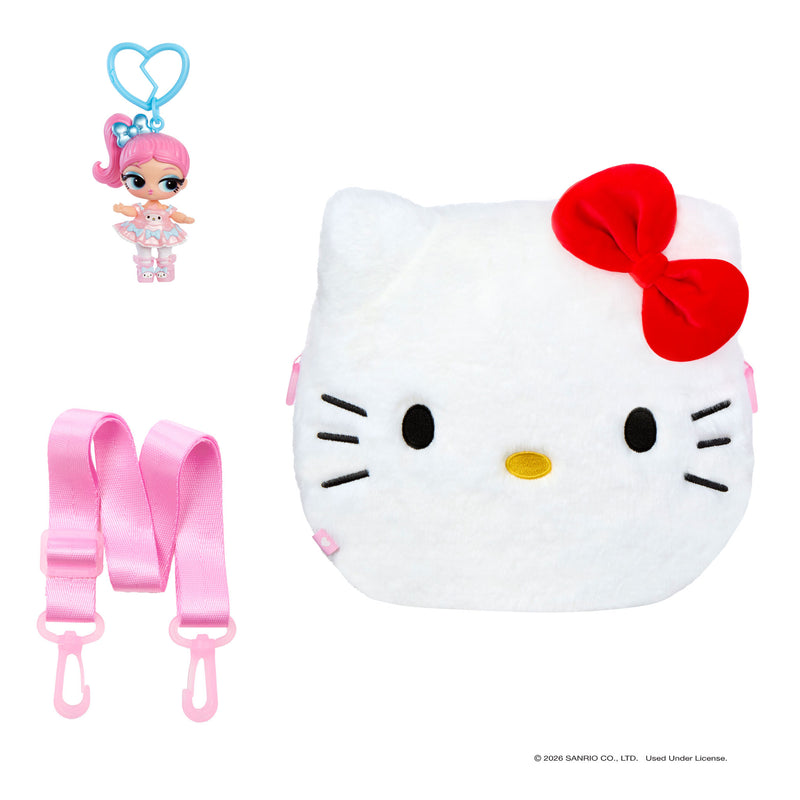 White bag with red bow, pink strap and doll keychain on a white background