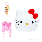 White Hello Kitty bag with red bow, pink strap and doll keychain on a white background