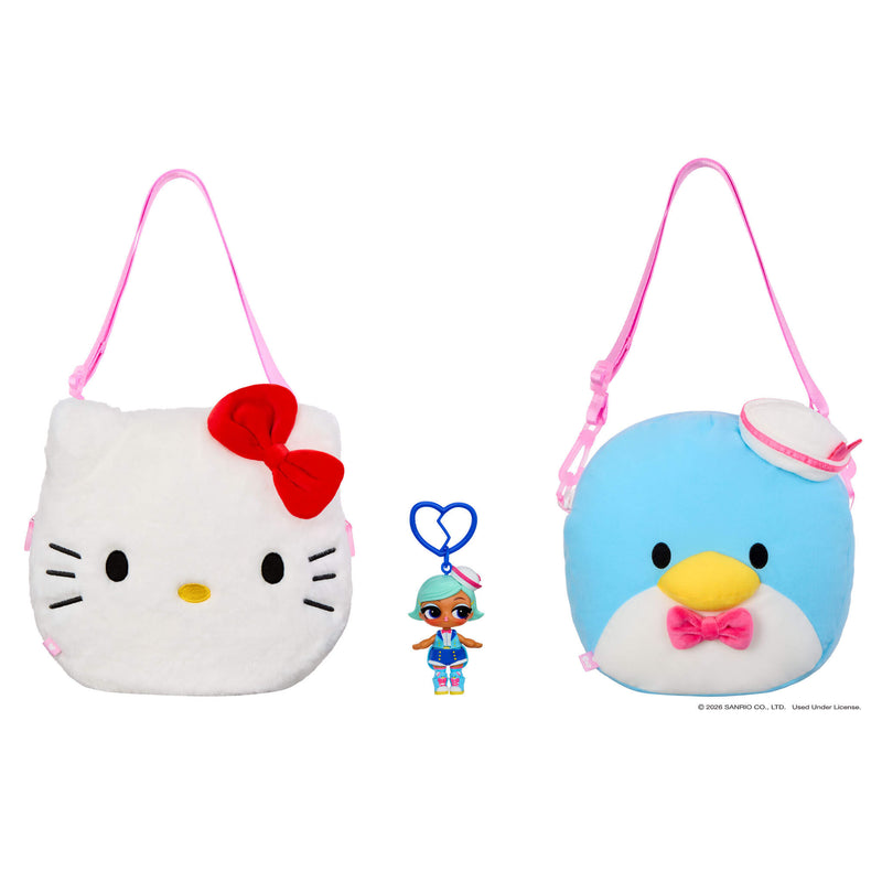One Hello Kitty bag, one Tuxedosam on reverse side, with keychain on a white background