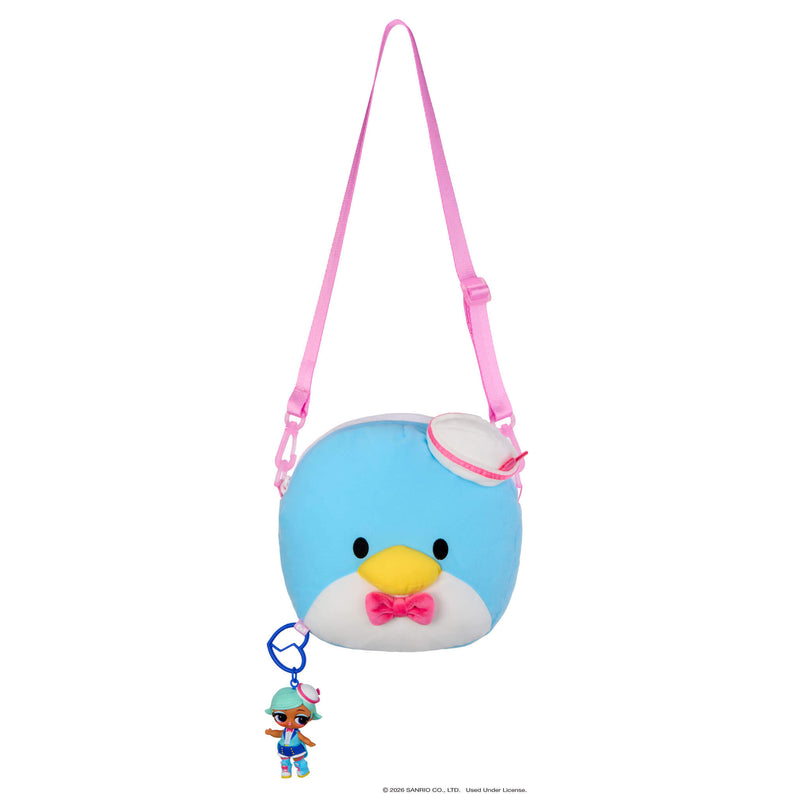 Key chain hanging from bottom of bag on a white background