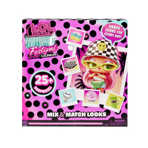 Packaging for Music Festival Advent Calendar showing a doll text ' mix $ Match Looks at the bottom.