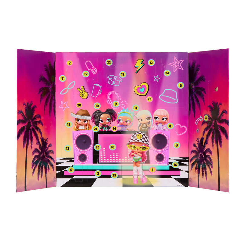 A colorful pop-up advent calendar panel featuring a retro 90s DJ setup with cartoon dolls, palm trees, and numbered circular icons on a pink and purple gradient background.