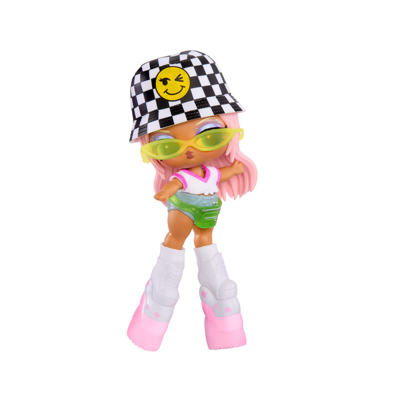 Tot wearing extra high shoes, green fanny belt, yellow sunglasses a checkered hat with a smiley face on it.