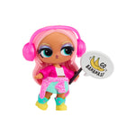 Tot doll with light pink hair, blue shorts, white and pink top, wearing ear phones and holding a sign that says 'Go Bananas' on a white background