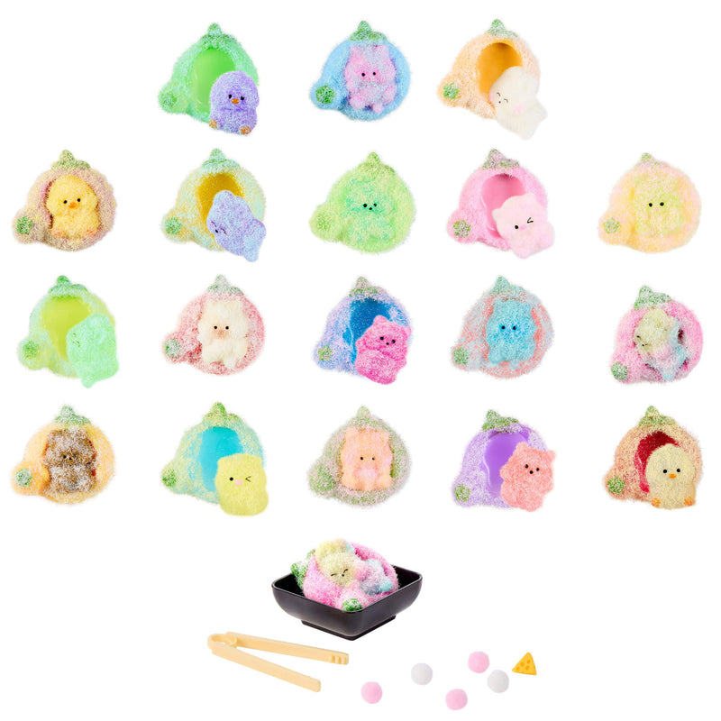 A set of pastel-colored plush pet houses arranged in a grid on a white background, with a small black bowl, wooden chopsticks, and small pom-pom pieces shown below. The pet houses come in many colors including pink, green, blue, yellow, and orange.