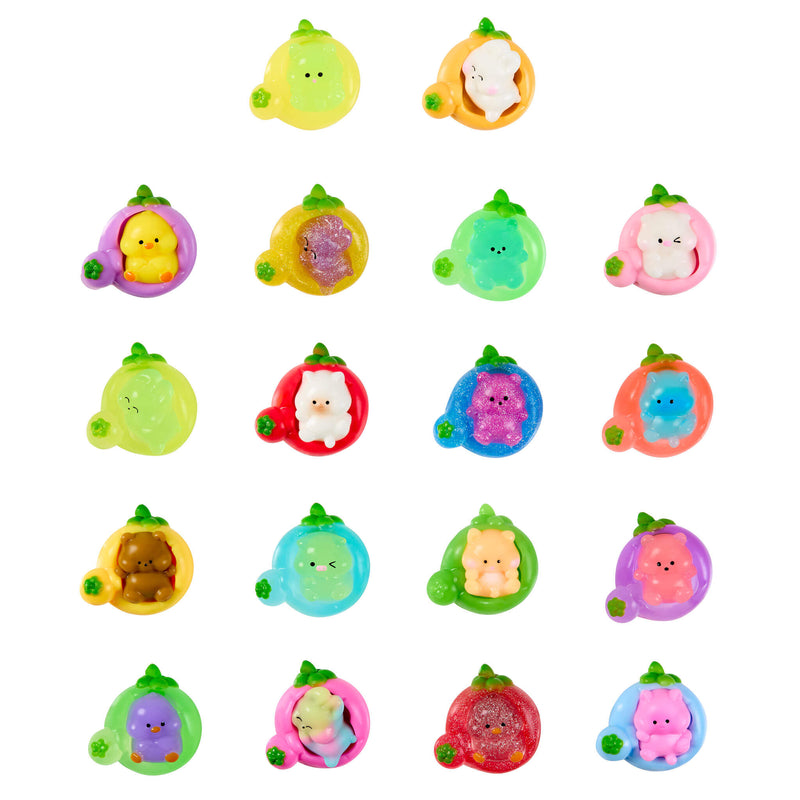 A grid of small round, puffs in many colors, each with a cartoon face character and a small green leaf detail, shown on a plain white background.