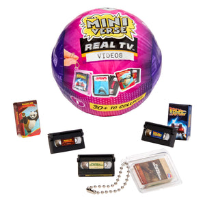 Mini TV Videos collectible set featuring a purple and pink spherical container labeled 'Miniverse Real TV Videos,' several miniature VHS tapes, a small keychain holder, and movie-themed boxes including Back To the Future and Kung Fu Panda.