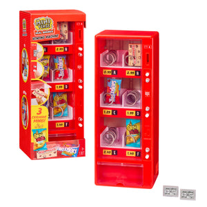 Red toy vending machine in and out of packaging with various snack packages on a white background.