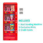 Red toy vending machine on the left, upper right are two mini credit cards and below in teal lettering: INCLUDES- 1 REAL VENDING MACHINE, 2 CREDIT CARDS, 3 EXCLUSIVE MINIS on a white background.