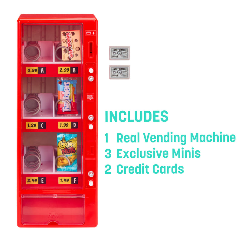 Red toy vending machine on the left, upper right are two mini credit cards and below in teal lettering: INCLUDES- 1 REAL VENDING MACHINE, 2 CREDIT CARDS, 3 EXCLUSIVE MINIS on a white background.