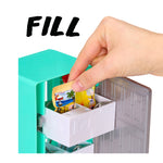 Hand filling a teal vending machine, with ‘FILL’ at the top.