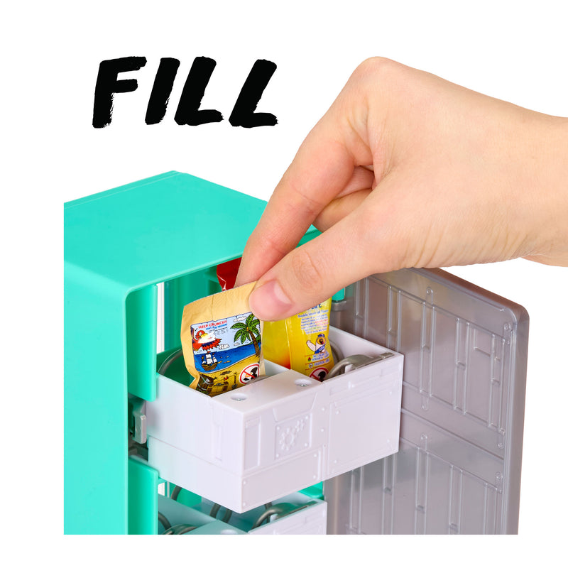 Hand filling a teal vending machine, with ‘FILL’ at the top.