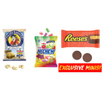 Assorted candy and snack packages including Pirate's Booty, Hi-Chew, and Reese's on a white background.