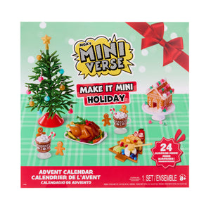Packaging image with text ’Miniverse Make it Mini Holiday’. Red bow in upper right-hand corner, Pine tree with ornaments on left side, with gingerbread house, turkey, cups and more on a green and white tablecloth. Red burst in bottom right “Twnenty-Four Surprise Mini’s!’