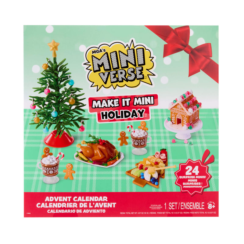 Packaging image with text ’Miniverse Make it Mini Holiday’. Red bow in upper right-hand corner, Pine tree with ornaments on left side, with gingerbread house, turkey, cups and more on a green and white tablecloth. Red burst in bottom right “Twnenty-Four Surprise Mini’s!’