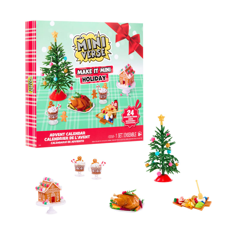 Miniverse Make it Mini Holiday packaging on the left side of the image, sitting in front of package are mini items; Gingerbread house, cups, pine tree, turkey, charcutier board on a white background.
