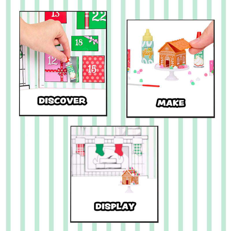 Three squares on a green and white background. Upper left-hand removing an item from the calendar with ‘Discover’ text; Upper right-hand making a gingerbread house with ‘Make’ text and bottom square shows finished gingerbread house with ‘display’ text.