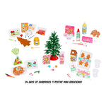 A set containing 24 days of mini creations and 5 festive mini creations, featuring a small green Christmas tree, gingerbread houses, Christmas cookies, a turkey, and various colorful toy food items on a white background with text reading '24 DAYS OF SURPRISES, 5 FESTIVE MINI CREATIONS!'.