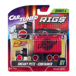 A packaged toy diecast metal truck and container set from CarTuned Rigs Series 4, featuring an black cab with a red, flame design and red container labeled 'CAR TUNED' in black.