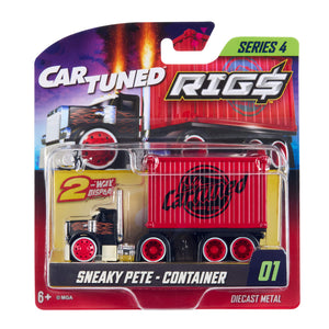 A packaged toy diecast metal truck and container set from CarTuned Rigs Series 4, featuring an black cab with a red, flame design and red container labeled 'CAR TUNED' in black.
