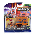 A packaged toy diecast metal truck and container set from CarTuned Rigs Series 4, featuring an orange cab with a blue design and orange container labeled 'CAR TUNED' in blue.