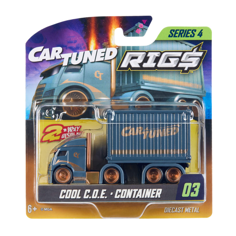 A packaged toy diecast metal truck and container set from CarTuned Rigs Series 4, featuring a slate blue cab with gold accents and slate blue container labeled 'CAR TUNED' in gold.