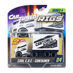 A packaged toy diecast metal truck and container set from CarTuned Rigs Series 4, featuring a white cab with black and white container labeled 'CAR TUNED RACING!' in black.