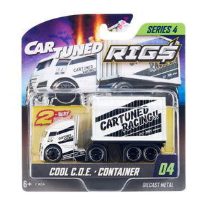 A packaged toy diecast metal truck and container set from CarTuned Rigs Series 4, featuring a white cab with black and white container labeled 'CAR TUNED RACING!' in black.