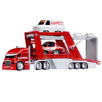 Semi facing left, 'CARTUNED' on drivers’ side, ramp is closed with red car on the bottom and grey van on the top.