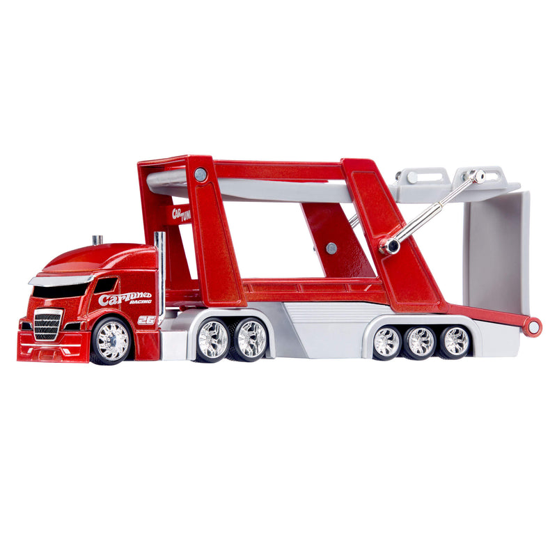 Red Semi facing left, 'CARTUNED' on drivers’ side, ramp is closed on a white background.