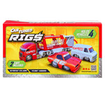 Back of packaging with hauler and cars. Upper left has the ‘CARTUNED RIG$’ logo, upper right states ‘HOLDS 4 VEHICLES’ varies by car selection.