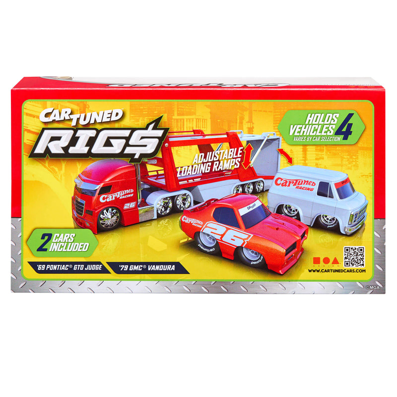Back of packaging with hauler and cars. Upper left has the ‘CARTUNED RIG$’ logo, upper right states ‘HOLDS 4 VEHICLES’ varies by car selection.
