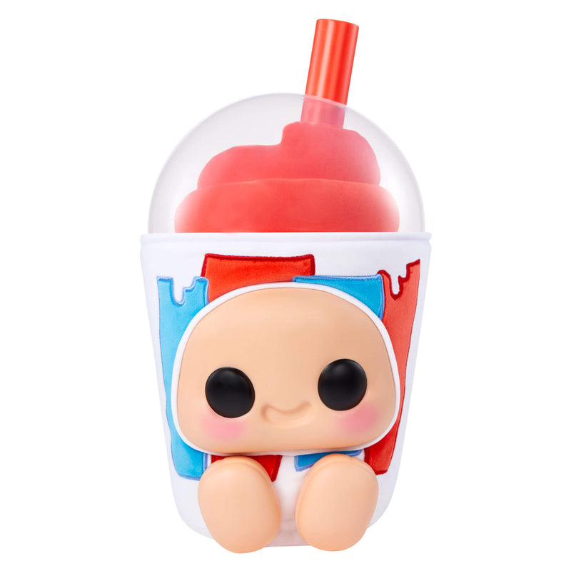 Cherry Icee cup with dome lid, red straw, face and feet on a white background.