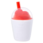 Back of cup is all white, dome lid to show Cherry Icee inside with red straw on a white background.