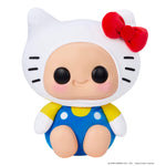 Hello Kitty with red bow on right ear wearing a blue jumper with yellow shirt on a white background.