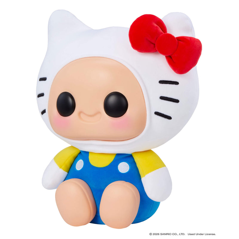 Hello Kitty sitting to the left with big black eyes and a smile on a white background